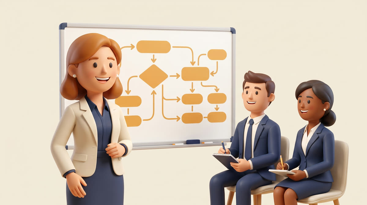 Laura entrenando al equipo de ventas frente a una pizarra